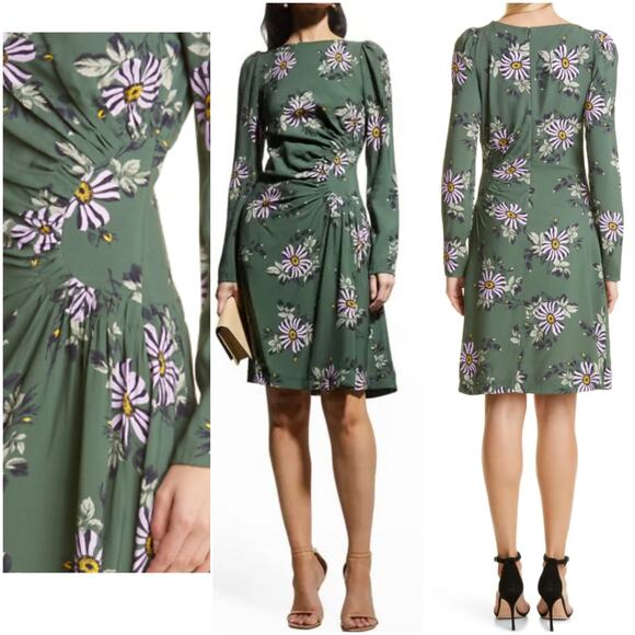 Lela Rose Ruched Bateau Neck Long Sleeve Dress in Sage size 8